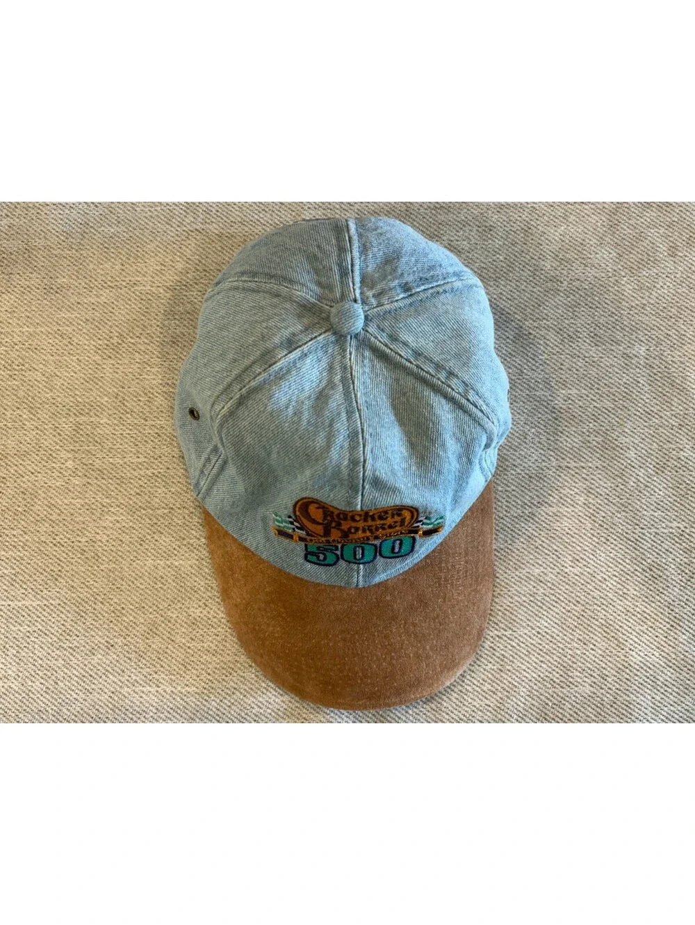 Vintage 90s Cracker Barrel 500 NASCAR Hat Washed Denim Suede Brim Strapback VTG